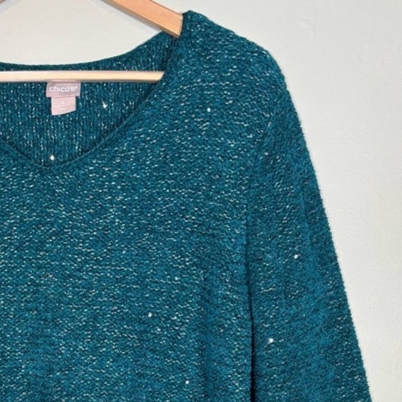 Chico's V-Neck 3/4 Sleeve Sweater-Teal/Silver Metallic Sparkle-Women Size 4/XXL - Picture 1 of 5